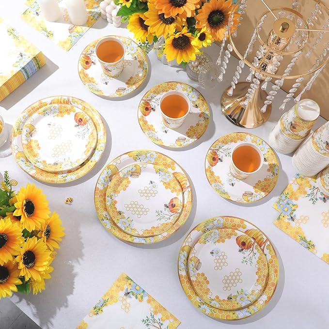 Pickmesh 250 Pcs Bee Party Disposable Tableware Set Paper Plates and Napkins Cups Supplies Tea Party Theme Dinner Dinnerware for Birthday Bridal Baby Shower wedding Decoration Serves 50