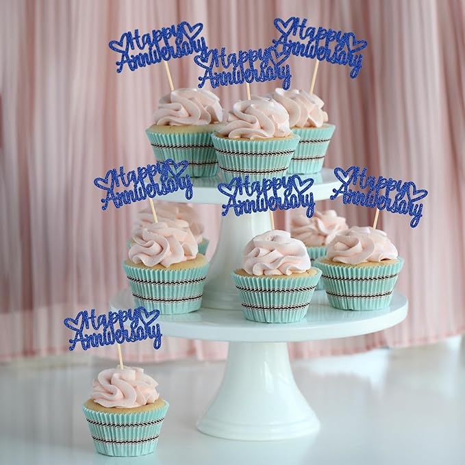 Gyufise 24Pcs Happy Anniversary Cupcake Toppers Glitter Anniversary Party Supplies Cake Decorations Wedding Celebration Party Decoration Supplies Blue