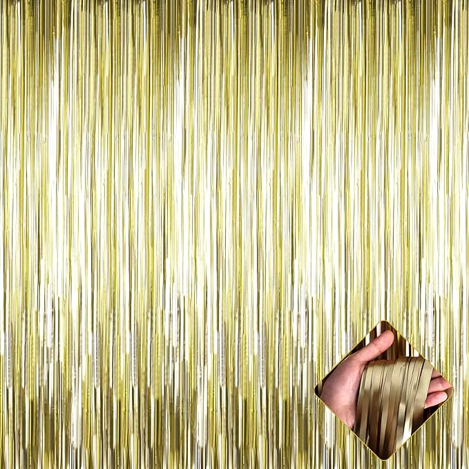 4 Pack 3.3Ft x 6.6Ft Light Gold Foil Fringe Curtain Backdrop, Metallic Tinsel Foil Fringe Streamers Curtains Background for Photo Booth, Birthday, Wedding, Halloween, Christmas Party Decoration