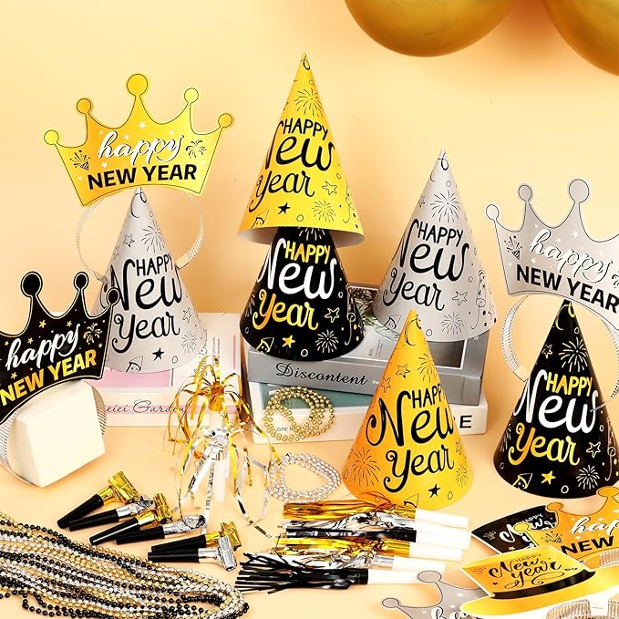 147 Pcs New Year Eve Party Supplies 2026 Black Gold Happy New Year Backdrop Party Decoration Serve 24 Guests Cone Hats Glasses Balloons Number 2026 Headband Tiaras Squawkers Necklace Party Favor