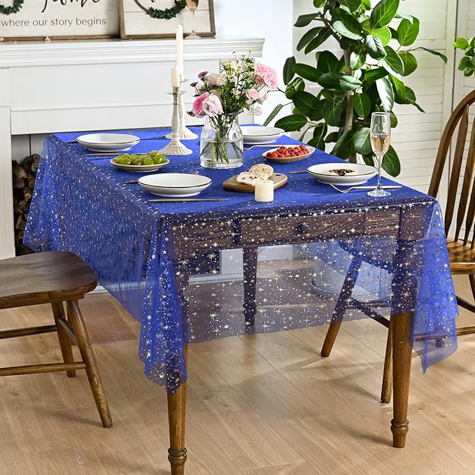Horaldaily Royal Blue Gold Sparkling Star Gauze Tablecloth 60x60 Inch Square, Golden Star Sequin Glitter Metallic Foil, Sheer Tulle Cheesecloth for Wedding Baby Shower Party