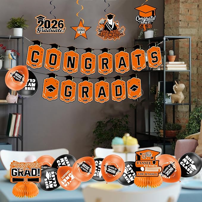 Graduation Decorations 2026 Orange Themed Set - Congrats Grad Banner, Class of 2026 Backdrop, Balloons & Streamers Kit - Complete Party Supplies for High School & College Celebrations