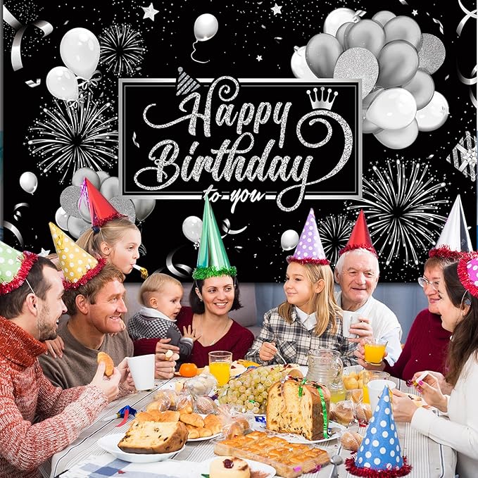 Blulu Happy Birthday Backdrop Banner Sign Poster Large Fabric Glitter Balloon Fireworks Sign Photo Backdrop Background for Birthday Party Decoration Supplies, 72.8 x 43.3in(Black and Sliver)