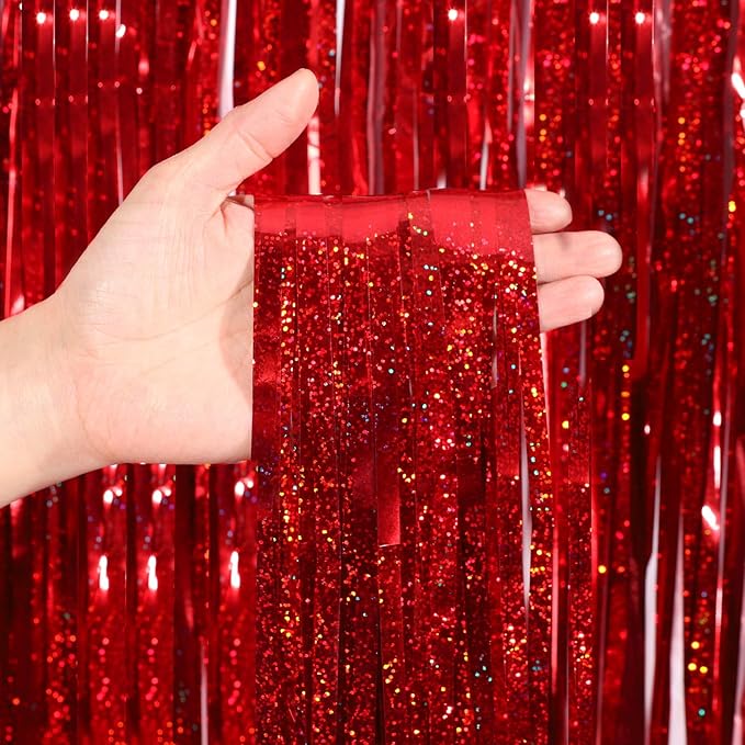 Metallic Tinsel Curtains, 2 Pack 3x8ft Foil Fringe Backdrop for Birthday & Graduation Decorations, Red