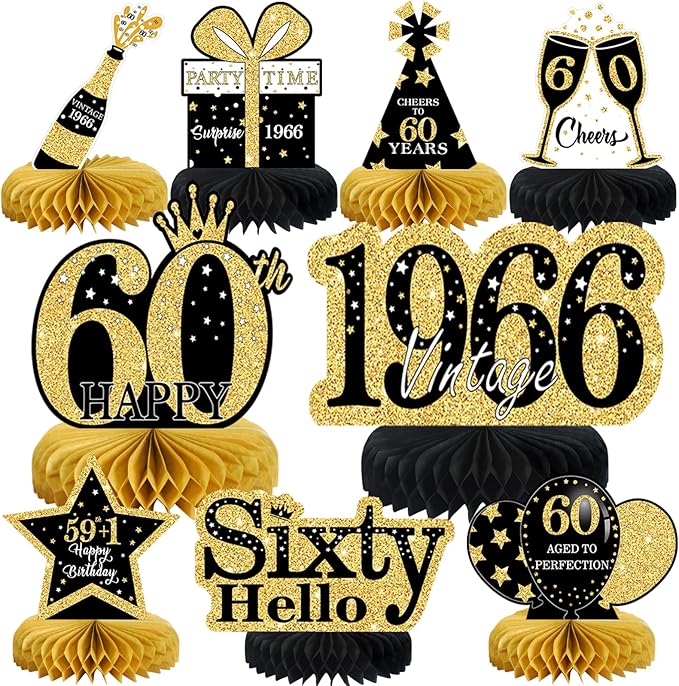 9 Pcs 60th Birthday Decorations Honeycomb Centerpieces for Women Men, Black Gold 1966 Aged to Perfection Vintage Centerpieces for Tables Toppers,Sixty Years Party Decorations Supplies