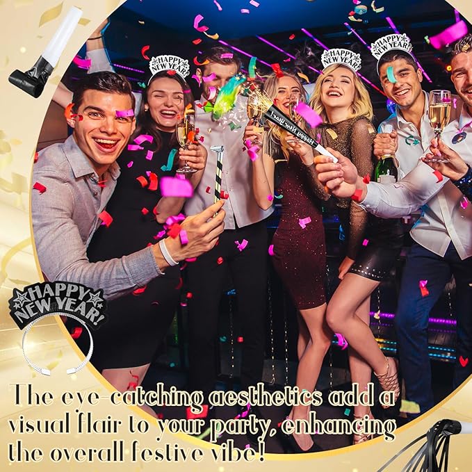 Lenwen 18 Pcs Happy New Years Eve Party Supplies New Year Noise Makers Headband Tiara Party Horn Blowers Whistles Fringed Noisemaker Novelty Favors for Adult Decoration(Black)