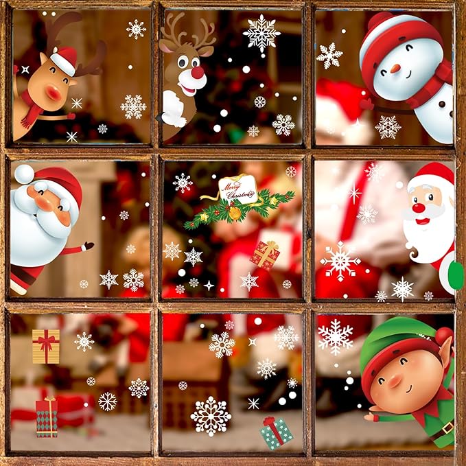 227 PCS Christmas Snowflake Window Clings Decoration, Christmas Window Stickers, Indoor Xmas Party, Snowflake Santa Claus Reindeer Decals, Thanksgiving Party Décor, Winter Holiday Decor Home Party.