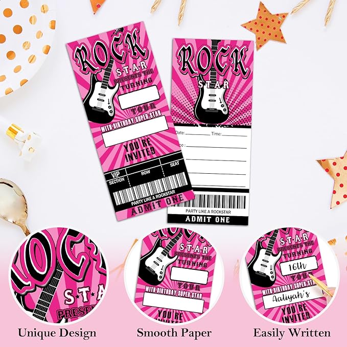 Rockstar Birthday Invitation Ticket, Rock Star Birthday Invitation for Teen Adult, 20 Pop Star Ticket With Envelopes, 3.5 x 8" Double-Sided Fill In Birthday Party Personalized Invites Cards - Pink