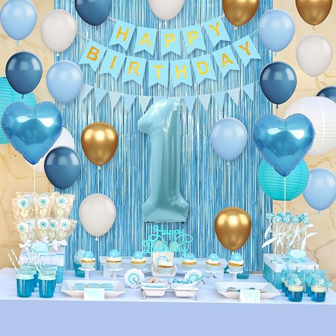 1st Birthday Decorations Blue White Gold,First Birthday Balloons with Happy Birthday Banner Fringe Curtain Heart Foil Balloons for Boys Girls 1 Year Old Birthday Decor