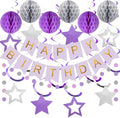 meowtastic Birthday Decorations, Happy Birthday Banner with Honeycomb Balls, Star Hanging Swirl Streamers, Circle Dot Garland, Happy Birthday Party Decoration for Women Men Boys Girls (Purple&Silver)