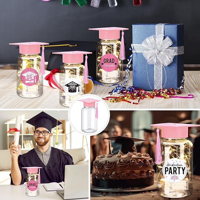 Boao 16 Sets Graduation Table Decoration Set with LED Light up Graduation Decorations for Class of 2026, Grad Jar, Felt Grad Hat and Stickers for High School College(Pink,Vivid)