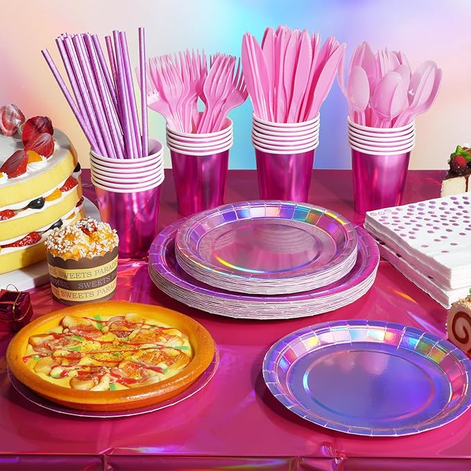 Iridescent Pink Party Supplies Decorations Serve 50, Hot Pink Holographic Paper Plates and Napkins Set, Disposable Pink Paper Plates Cups Knives Spoons Fork for Mermaid Disco Kpop Birthday Party Decor