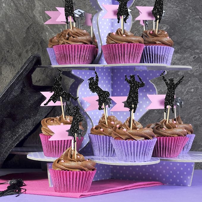 Gyufise 24Pcs 2026 Graduation Cupcake Toppers Black Glitter Class of 2026 Boys Girls Graduation Cap Cupcake Picks for 2026 Grad Theme Party Cake Decorations Supplies