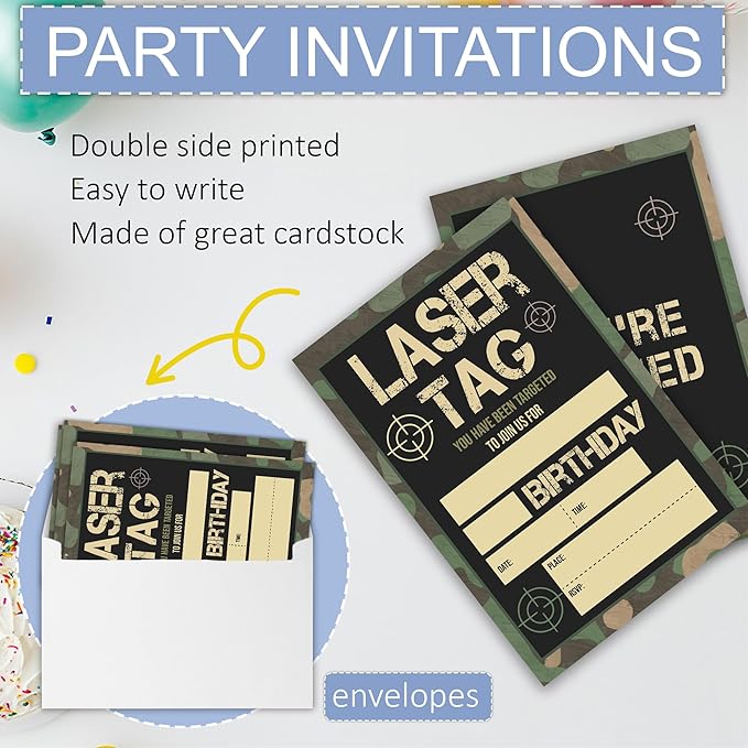 Laser Tag Camo Birthday Party Invitations, Laser Tag Theme Invites Cards, 20 Count with Envelopes, 4 x 6 Double Sided Printed Fill In Blank, Party Supplies for Boys Girls Teen