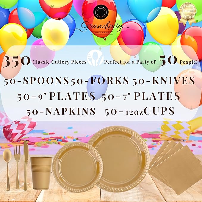 Grandipity 350 Piece Gold Disposable Dinnerware Set, Includes 50 of Each: 9" Dinner Plates, 7" Dessert Plates, 12oz Cups, Paper Napkins, Forks, Knives & Spoons