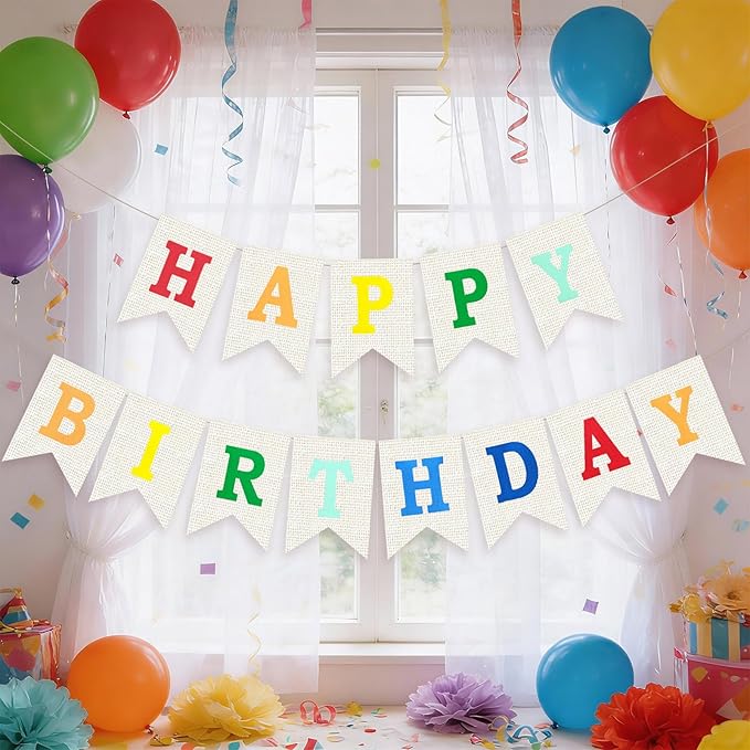 Burlap Happy Birthday Banner, Colorful Assembled Happy Birthday Banner Sign Garland for Boys Girls Rustic Party Decorations