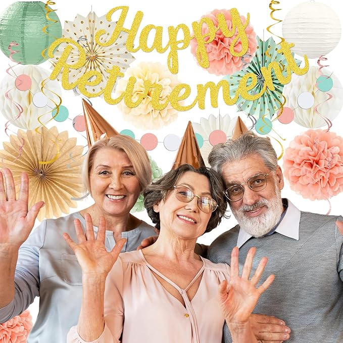 Retirement Party Decorations for Women --Sage Green Peach Pink Happy Retirement Banner Backdrop, Hanging Swirls Pompoms Kit Office Retired Party Supplies for Coworker