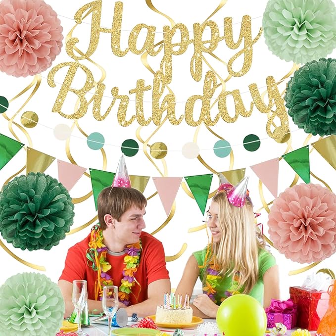 Sage Green Birthday Decorations, Happy Birthday Banner and Paper Pompoms, Hanging Swirls, Circle Dots Garland, Pennant Flags for Girls Women Party Decorations