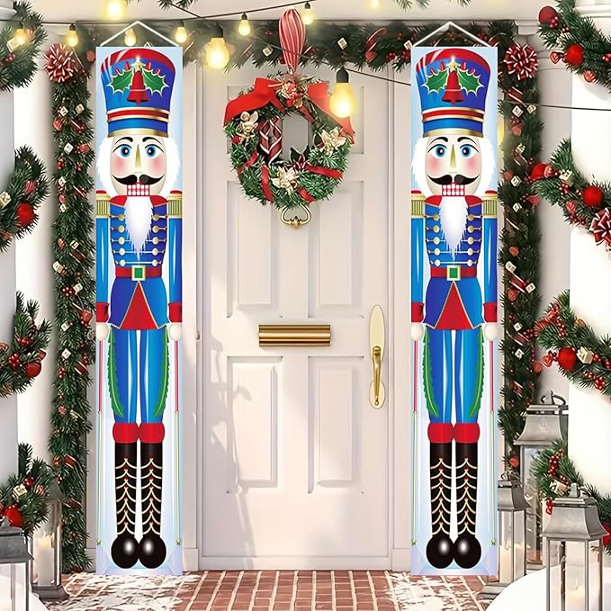Christmas Nutcracker Door Banner 12x71 Inch Soldier Couplets Decoration for Front Porch Holiday Entryway Outdoor Xmas Wall Decor with Red Blue Toy Guard Design