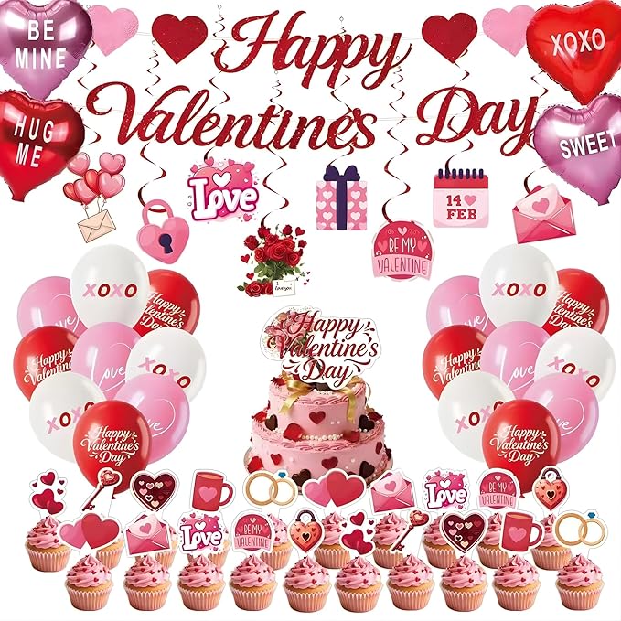 Happy Valentines Day Decorations Party Set Red Heart Decor - Themed Red Pink Balloons Banner Cake Topper Cupcake Toppers Foil Balloons Hanging Swirls Ornaments Valentine Supplies Stuff