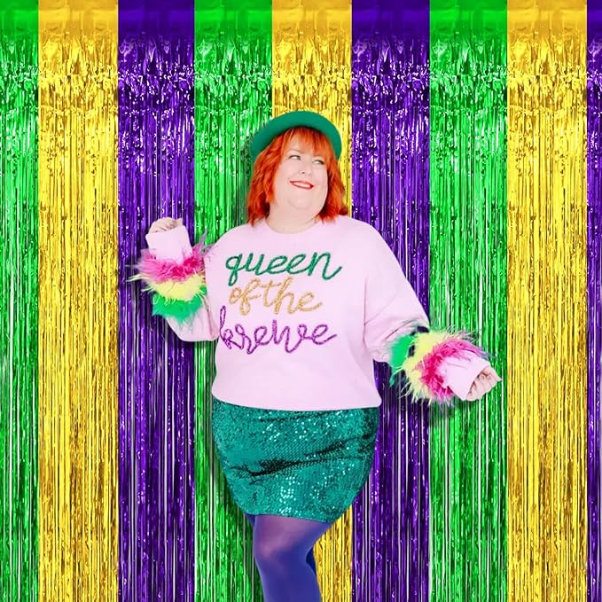 4 Pack 3.2Ft x 6.6Ft Mardi Gras Foil Fringe Curtain Backdrop, Gold Green Purple Metallic Tinsel Foil Fringe Streamers Curtains Background for Photo Booth, Birthday, Wedding, Carnival Party Decoration