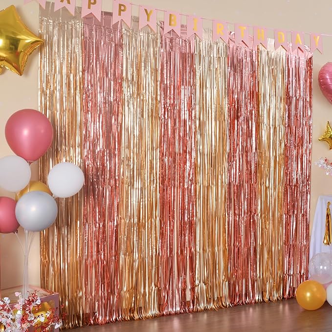 LOLStar 2 Pack Rose Gold Birthday Decorations, 3.3x6.6ft Pink and Gold Foil Fringe Curtains, Tinsel Streamers Backdrop Photo Booth Props for Bridal Shower Ballerina Valentine's Party Decor