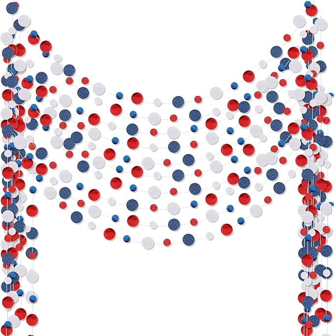 Outus 10 Pieces Blue,White,Red Round Dots Garland Easter Graduation Party Hanging Decor Each Length 13.1ft Glitter Paper Dot Streamers for Birthday Wedding Classroom