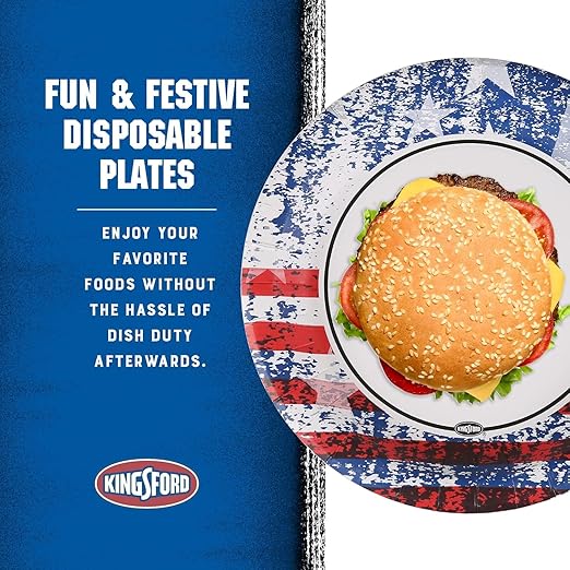 Kingsford Heavy Duty Paper Plates, Patriotic American Flag Disposable Dinner Plates for BBQ Parties, Tailgates, and Outdoor Cookouts, Durable Party Tableware, 10 Inch, 35 Count - 6 Pack