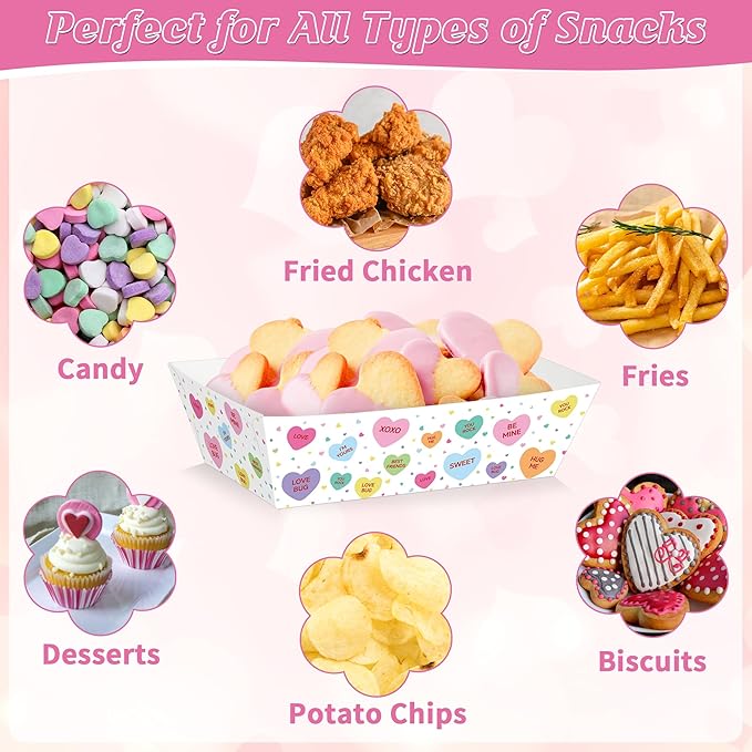 50 Pcs Valentines Paper Food Trays, Disposable Conversation Heart Serving Tray Valentine's Decorations, Love Holder Snack Food Boats, Popcorn Hot Dog Container for Wedding Birthday Party Supplies