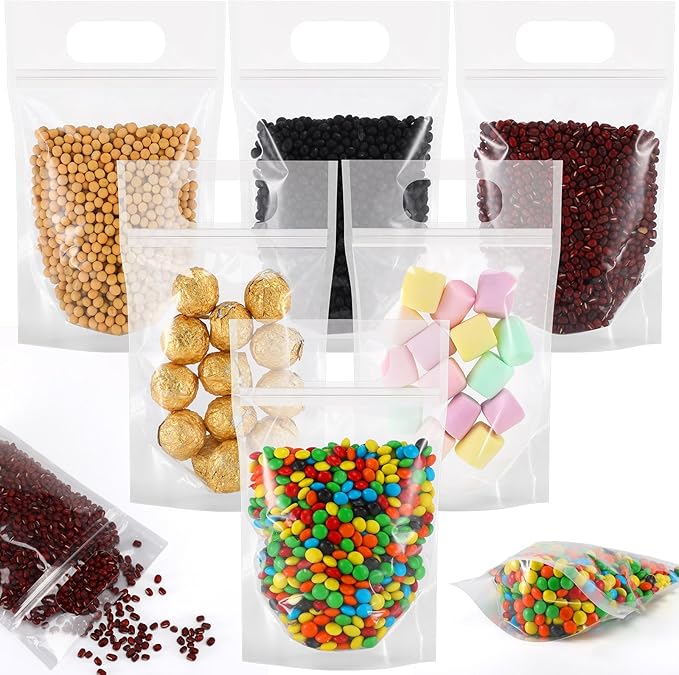 120 Pcs Plastic Gift Bag Bulk 5.5 x 8.7 Inch Resealable Party Goodie Bag with Clear Window Color Favor Pouch with Handle for Home Birthday Wedding Party Candy Gift Wrap Supplies(Transparent)