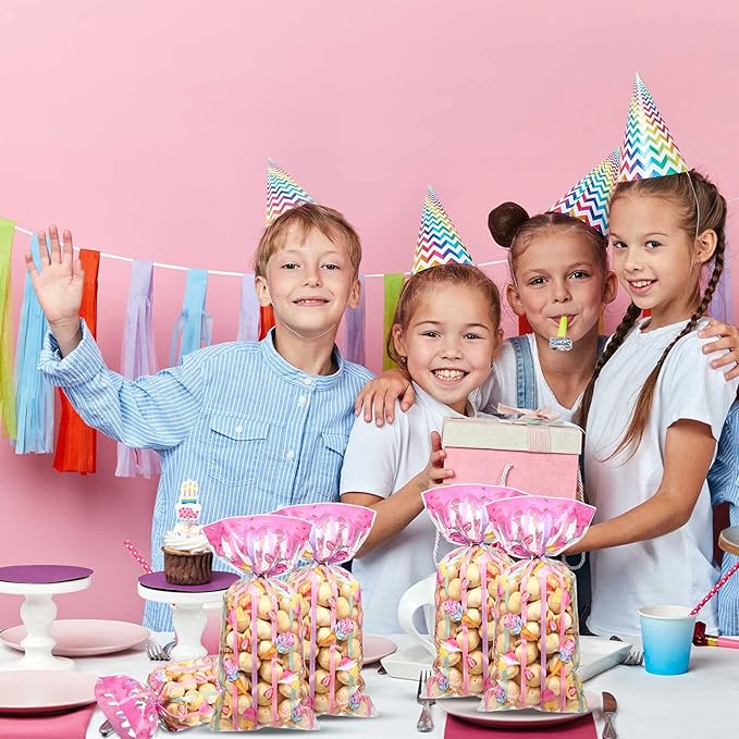 Geyee 100 Pieces Sweet Party Favors Ice Cream Treat Bags Plastic Candy Clear Cellophane Gift Bags with 100 Silver Twist Ties for Girls Kids Sweet Birthday Baby Shower Decorations Supplies