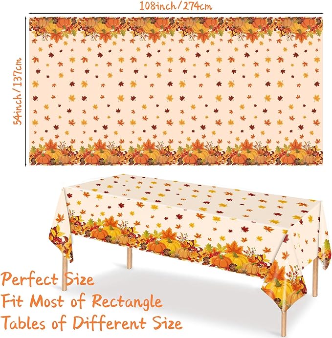 Thanksgiving Disposable Tablecloth, 54 x 108 Inch Rectangle Waterproof Plastic Fall Theme for Harvest Party Table Decoration (Maple 6 Pack)