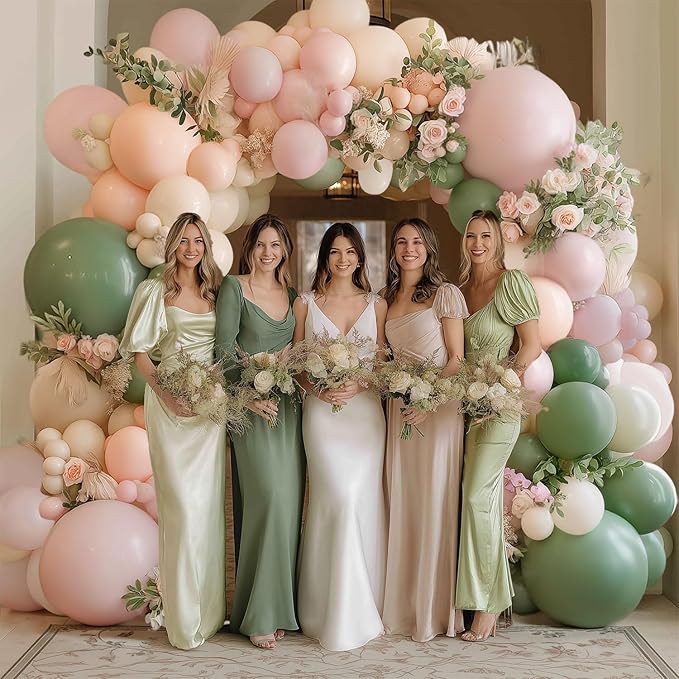 Pink and Green Neutral Balloon Arch Kit, Pink White Green Balloon Garland with Mixed Size Sage Green Pastel Pink Sand White Light Orange Balloons for Wedding Birthday Party Bridal Shower Decorations
