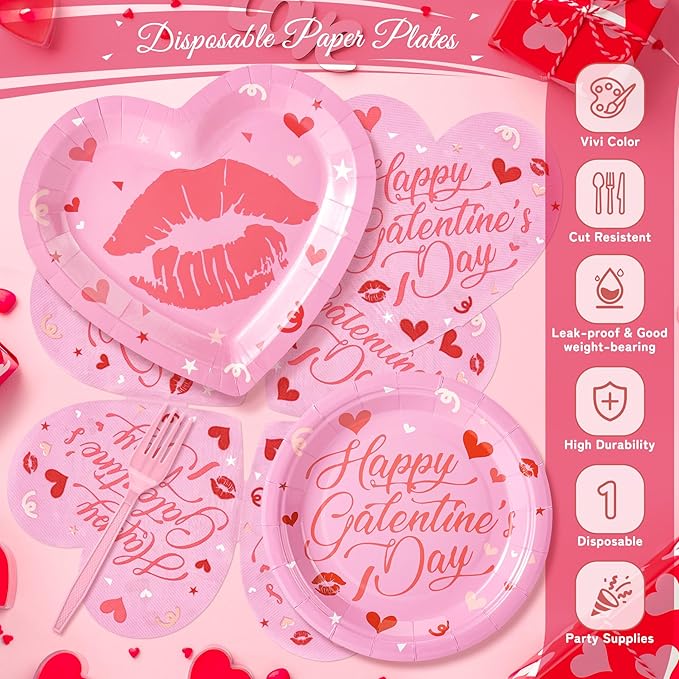 109PCS Happy Galentine's Day Party Supplies,Pink Love Heart Disposable Paper Plates Napkins Cups Forks Dinnerware for 24 Guest,Banner Balloons for Valentines Anniversary Wedding Engagement