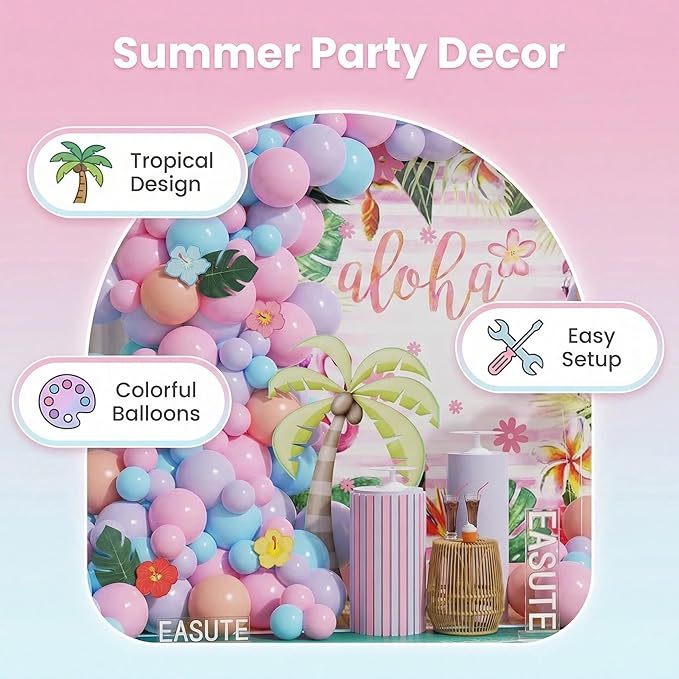 Moana Birthday Decorations Pink Purple and Blue Balloon Arch Kit with Summer Hibiscus Stickers for Tropical Hawaii Luau Tiki Magic Theme Party Supplies