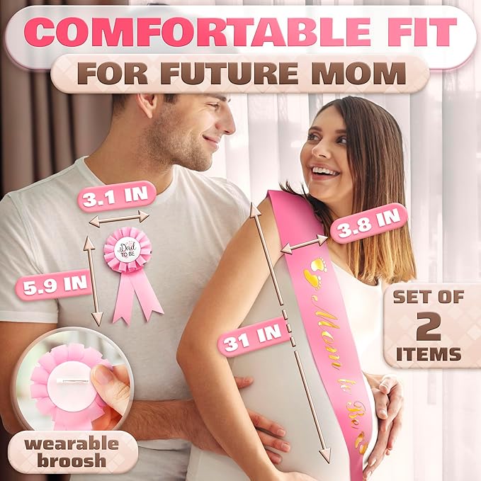 Pink Baby Shower Decorations for Girl and Pins for Dad - Glossy Girl Baby Shower Decorations Made from Soft & Smooth Satin, Daddy Brooch & Mommy to Be Sash - Party Mom to Be Sash That Doesn't Wrinkle