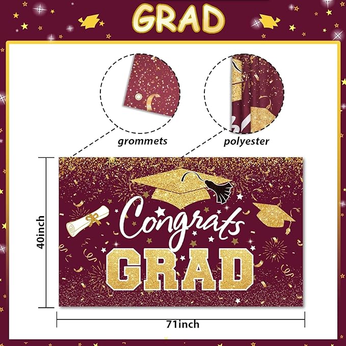 Graduation Party Decorations - Maroon Gold Congrats Grad Class of 2026 Backdrop Banner Large Sign Wall Decorations Photography Background Party Supplies for 2026 Graduation Party Decorations