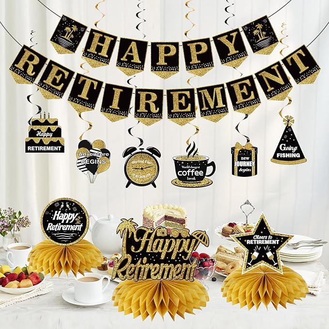 Happy Retirement Party Decorations Kit for Men Women, Black Gold Retirement Banner Honeycomb Centerpieces Swirls Retired Farewell Party Set Party Supplies for Indoor Outdoor