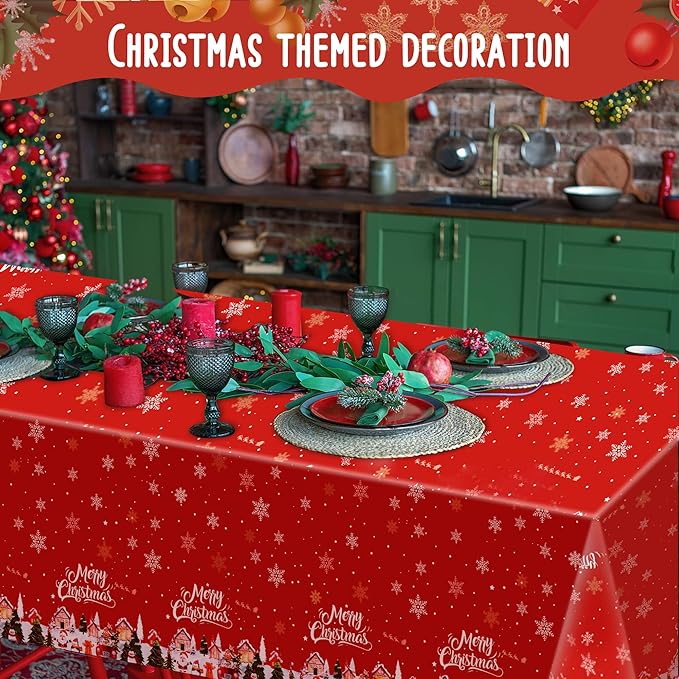 Christmas Tablecloths – 3 Pack 54 x 108 Inch Rectangle Table Covers – Red and Green Plastic Tablecloth with Santa Claus, Christmas Tree & Snowflake Prints – Christmas Holiday Party Decorations
