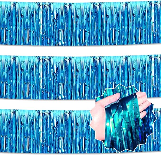 3 Pack 10 Ft Lake Blue Foil Fringe Garland Metallic Streamers Tinsel Banner Wall Hanging Garland Backdrop for Parade Floats, Halloween, Christmas, Thanksgiving, New Year Party Decorations