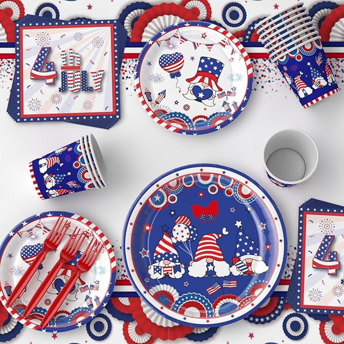 122 PCS 4th of July Plates and Napkins Sets, Independence Day Party Supplies Include Patriotic Plates and Napkins,Cups,Forks,Banner and Tablecloth for Patriotic 4th of July Party Decorations, Serve 24