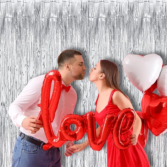 Foil Fringe Curtain Christmas Party Decorations - Silver Metallic Tinsel Photo Booth Backdrop Party Steamers Curtains for Valentines Day/25th Birthday/Anniversary/Bachelorette/Engagement Decorations