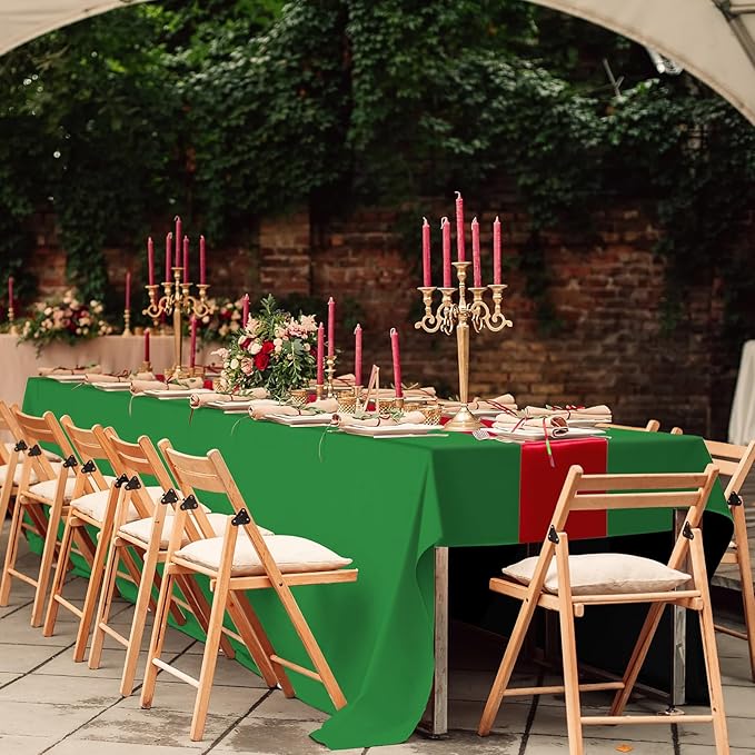 12 Pack 12x108 Inch Satin Table Runner and 84 Inch Rectangle Plastic Tablecloths Set Christmas Green and Red Disposable Table Cloth for New Year Christmas Wedding Holiday Anniversary Party Decorations
