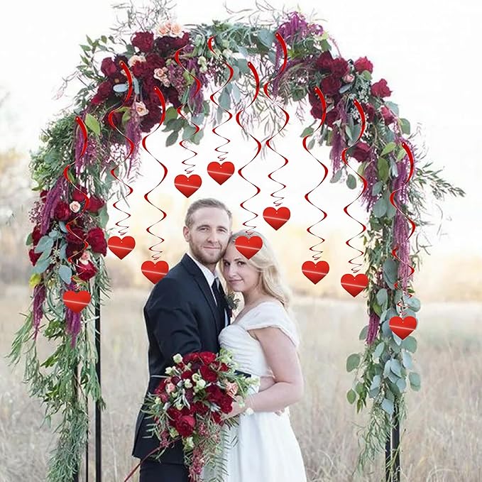 BEISHIDA Red Heart Hanging Swirl Valentine Day Decoration Pre-Strung Hanging Ornament for Wedding Anniversary Engagement Proposal Party Supplies Romantic Party Decorations, Pack of 15