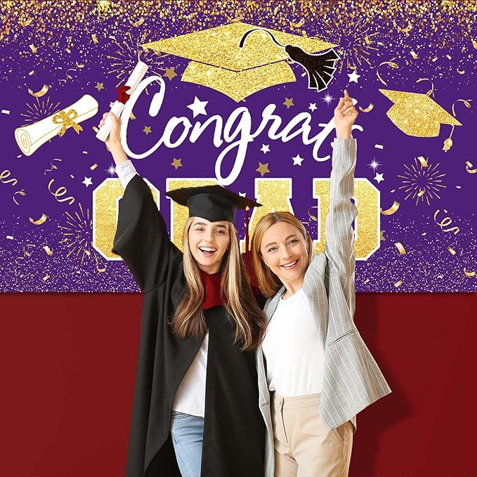 Graduation Party Decorations - Purple Gold Congrats Grad Class of 2026 Backdrop Banner Large Sign Wall Decorations Photography Background Party Supplies for 2026 Graduation Party Decorations