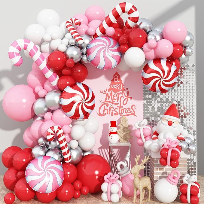 Christmas Balloon Arch 147 Pcs Red Pink White Silver Latex Balloons Garland Kit Pink Red Xmas Candy Cane Foil Balloon for Merry Christmas Birthday Baby Shower Holiday New Year Party Decoration