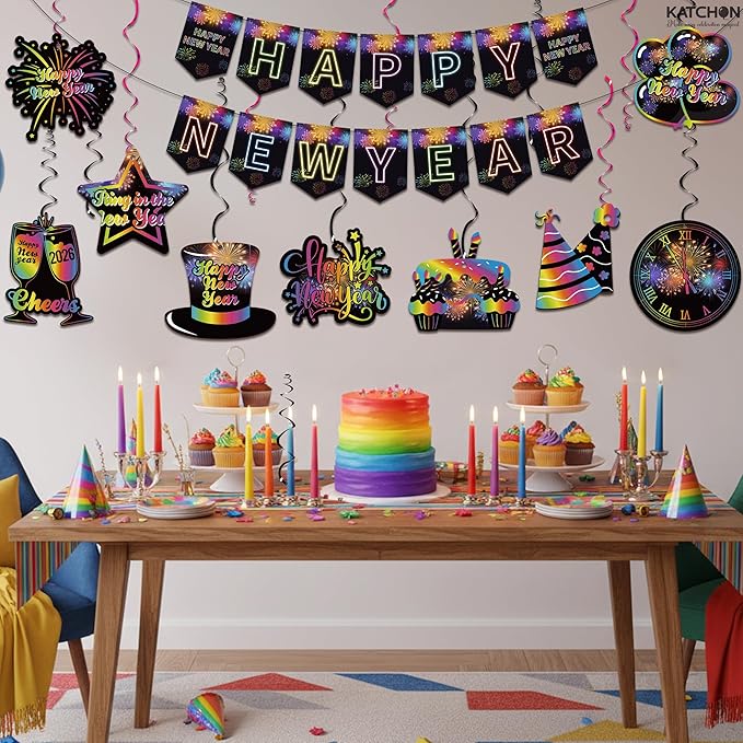KatchOn, Happy New Year Banner and Swirls - No DIY, 10 Feet | Happy New Year Hanging Swirls for New Years Eve Party Supplies | New Years Decorations 2026 | Ceiling Decor for Nye Decorations 2026