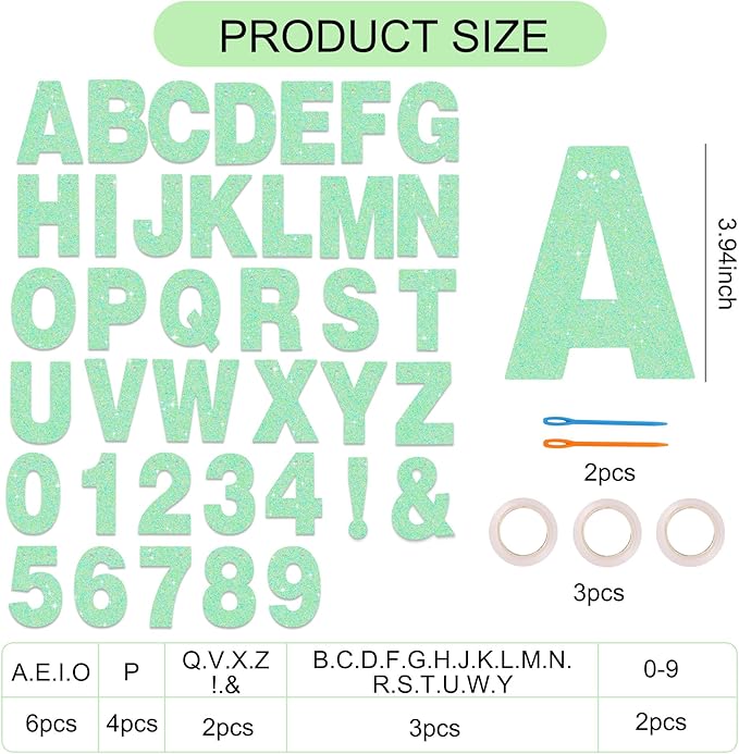 BEISHIDA 116 PCS A-Z DIY Letter Banner Kit Make Your Own Banner Glitter Light Green Including 111 Letters and Numbers 3 Rope and 2 Threading Device,Customized for Birthday Graduation Party Decor