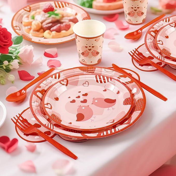 168PCS Red Love Heart Party Supplies for Valentines,Galentines Disposable Paper Plates Napkins Cups Cutlery for 24 Guest,Love Party Tableware for Anniversary Wedding Engagement Birthday Baby Shower