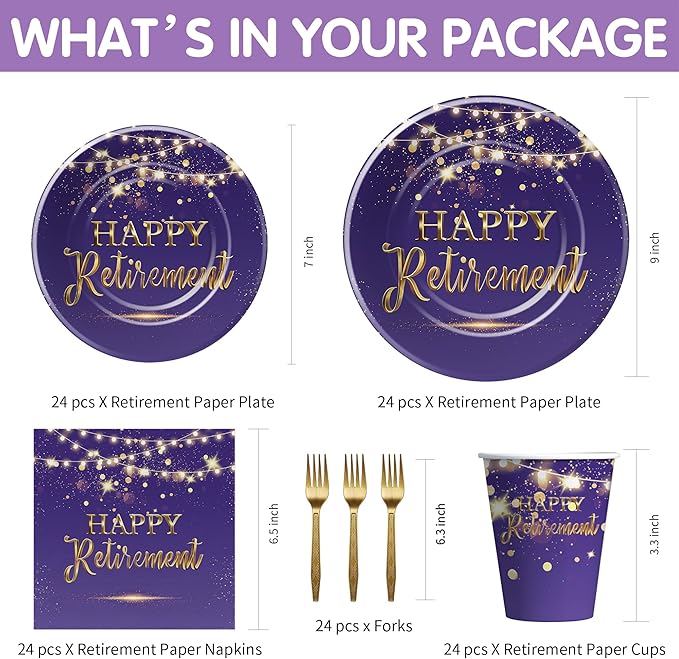 Xigejob Retirement Decorations Paper Plates And Napkins Party Tableware Women - Purple Happy Retirement Party Decorations Supplies, Plate, Cup, Napkin, Fork | Serves 24
